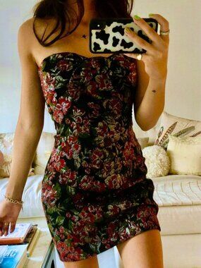 Zara Strapless Jacquard Floral Bow Mini Dress Black Red Size Large